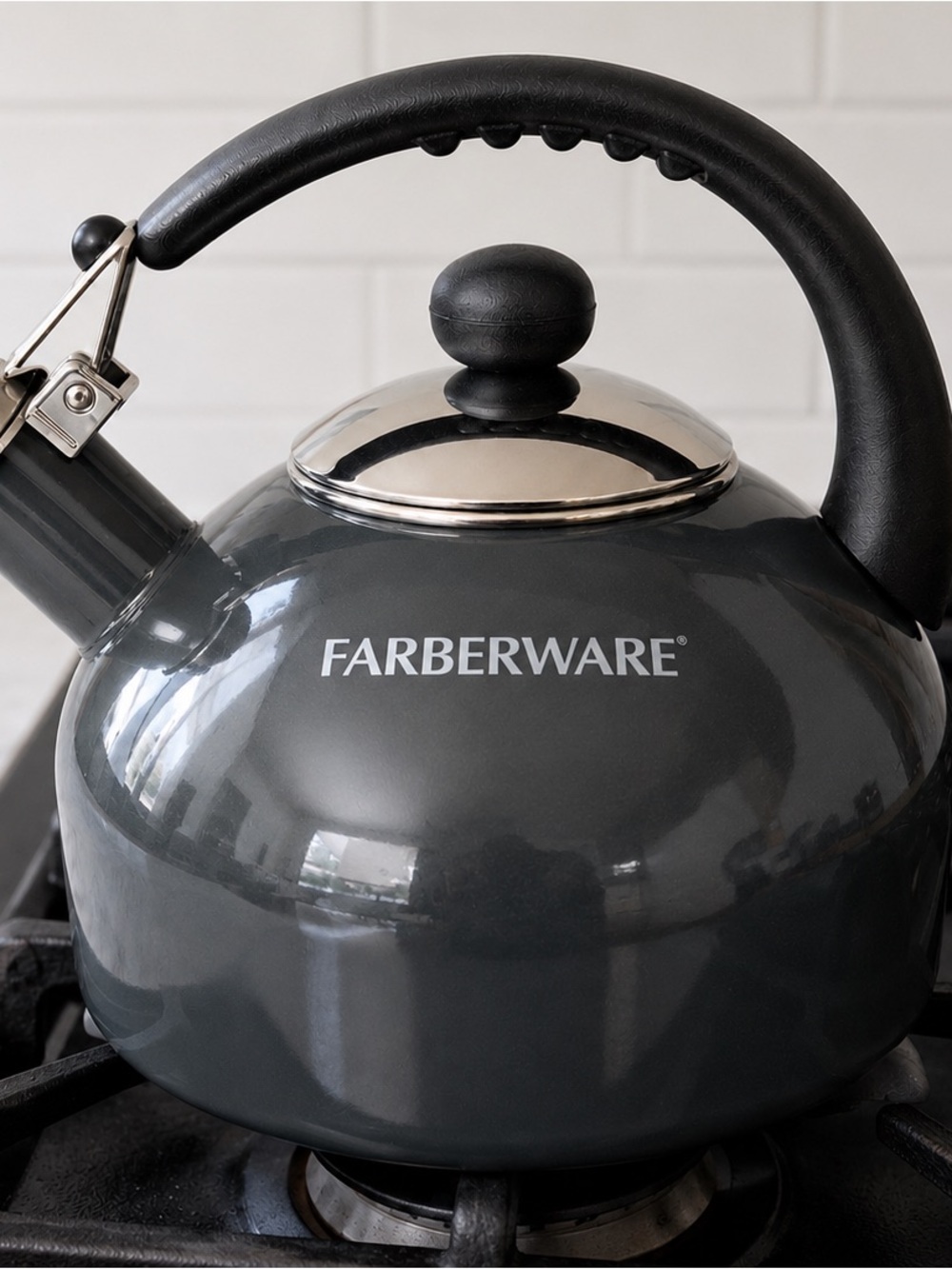 Farberware Dark Gray Whistling Stovetop Tea Kettle with Black Handle